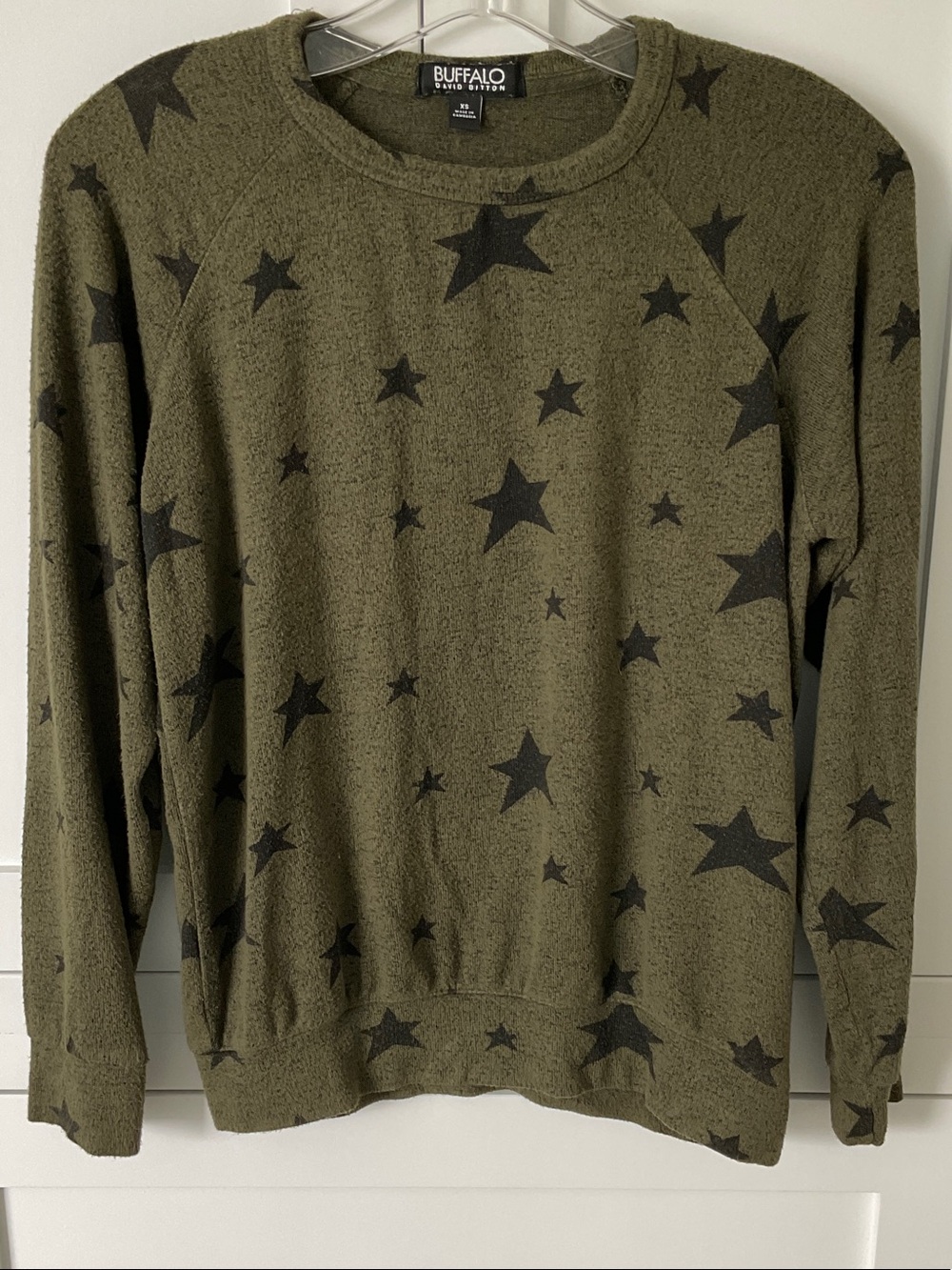 Buffalo David Bitton Olive Green Crewneck Sweater with Black Star Print